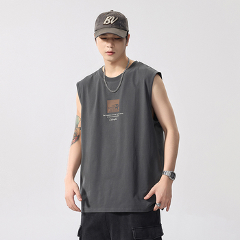 Meeste bezvarrukuline T-särk, puuvillase segu 80/20, vaba lõige, ümmargune kaelus, trükk, sportlik stiil