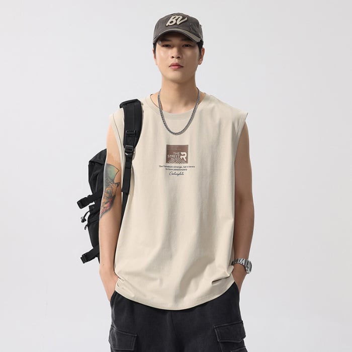 Meeste bezvarrukuline T-särk, puuvillase segu 80/20, vaba lõige, ümmargune kaelus, trükk, sportlik stiil