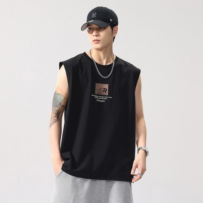 Meeste bezvarrukuline T-särk, puuvillase segu 80/20, vaba lõige, ümmargune kaelus, trükk, sportlik stiil