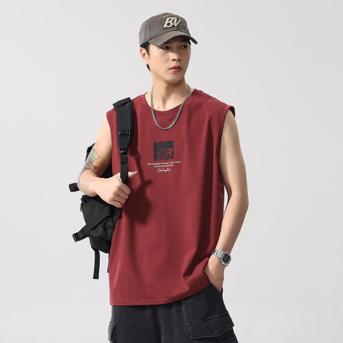 Meeste bezvarrukuline T-särk, puuvillase segu 80/20, vaba lõige, ümmargune kaelus, trükk, sportlik stiil