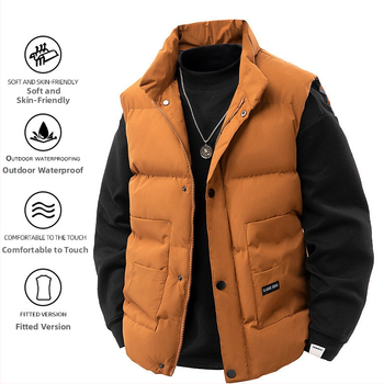 Férfi ujjatlan mellény poliészter töltettel és béléssel, álló gallérral, laza szabás, oldalsó zsebek, őszi-téli mindennapi viseletre