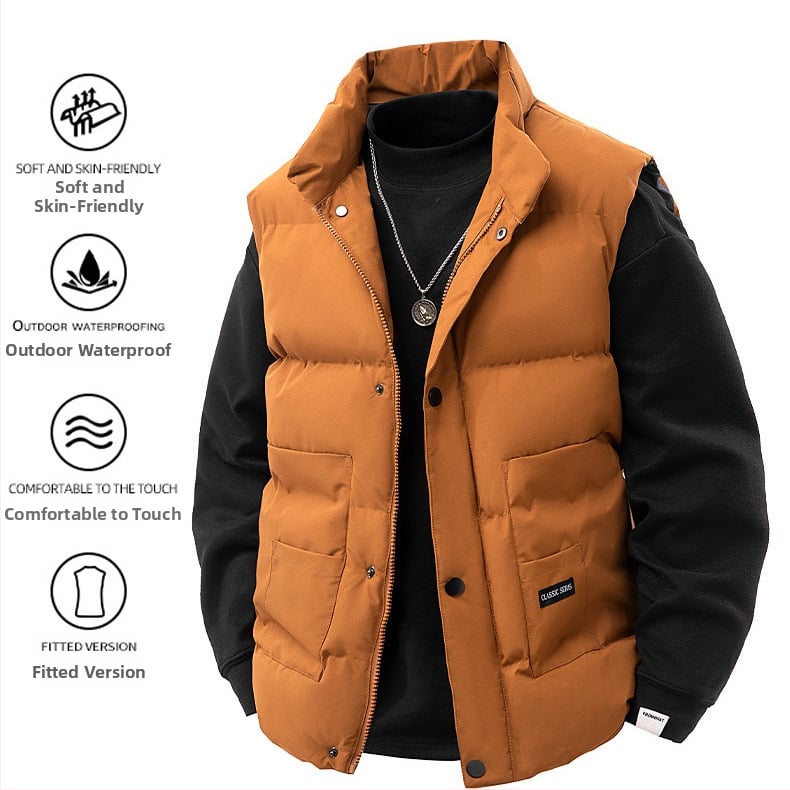 Férfi ujjatlan mellény poliészter töltettel és béléssel, álló gallérral, laza szabás, oldalsó zsebek, őszi-téli mindennapi viseletre