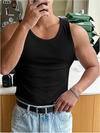 Vīriešu fitnesa top bez piedurknēm, vienkrāsains dizains, apaļais kakla izgriezums, poliestera audums, vasara 2025