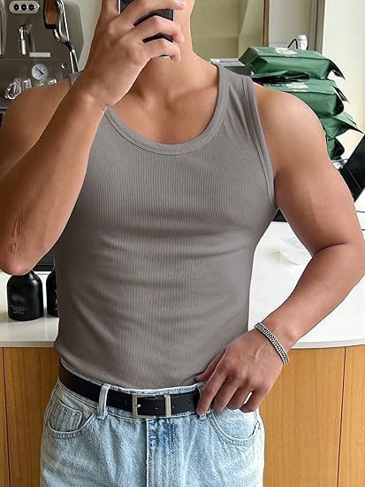 Vīriešu fitnesa top bez piedurknēm, vienkrāsains dizains, apaļais kakla izgriezums, poliestera audums, vasara 2025