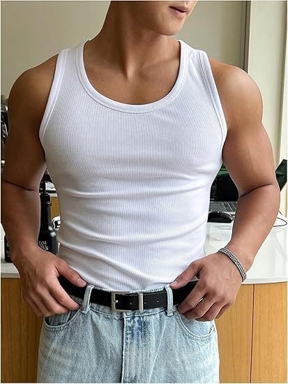 Vīriešu fitnesa top bez piedurknēm, vienkrāsains dizains, apaļais kakla izgriezums, poliestera audums, vasara 2025