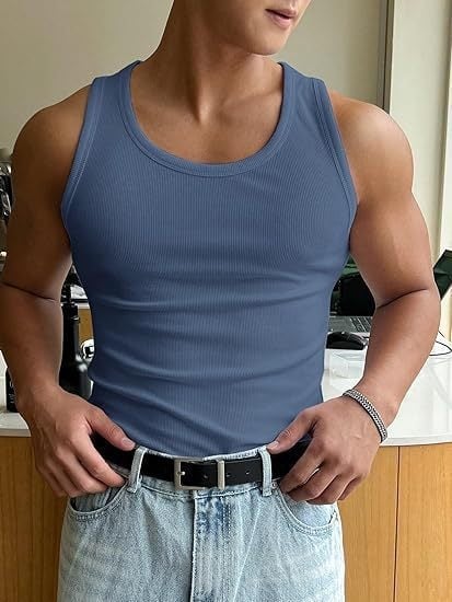 Vīriešu fitnesa top bez piedurknēm, vienkrāsains dizains, apaļais kakla izgriezums, poliestera audums, vasara 2025