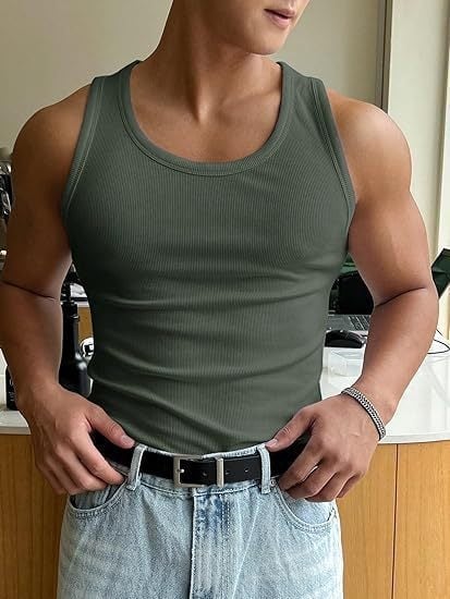 Vīriešu fitnesa top bez piedurknēm, vienkrāsains dizains, apaļais kakla izgriezums, poliestera audums, vasara 2025