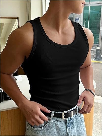 Vīriešu fitnesa top bez piedurknēm, vienkrāsains dizains, apaļais kakla izgriezums, poliestera audums, vasara 2025