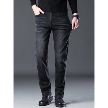 Дънки за мъже Straight Slim, деним памук, средна талия, удебелени