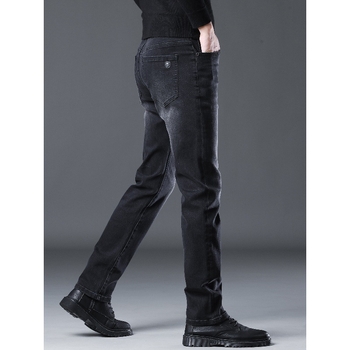 Дънки за мъже Straight Slim, деним памук, средна талия, удебелени