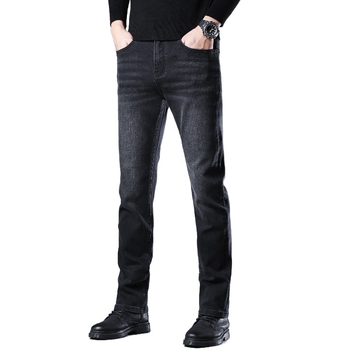 Дънки за мъже Straight Slim, деним памук, средна талия, удебелени