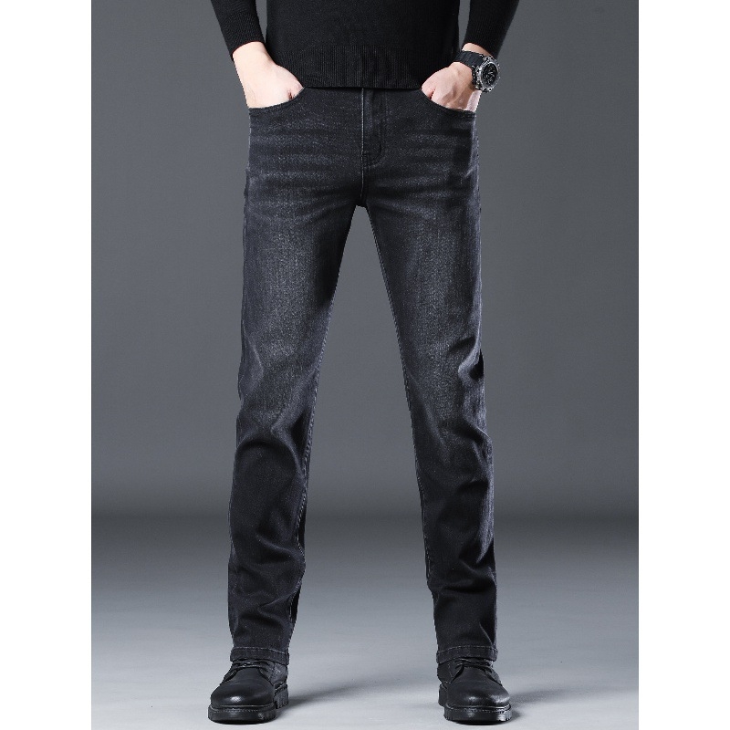 Дънки за мъже Straight Slim, деним памук, средна талия, удебелени