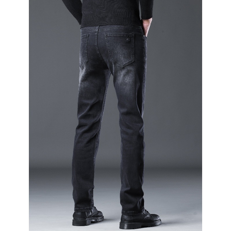 Дънки за мъже Straight Slim, деним памук, средна талия, удебелени