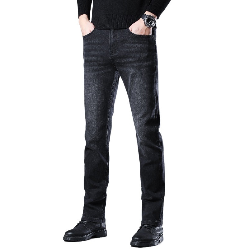 Дънки за мъже Straight Slim, деним памук, средна талия, удебелени