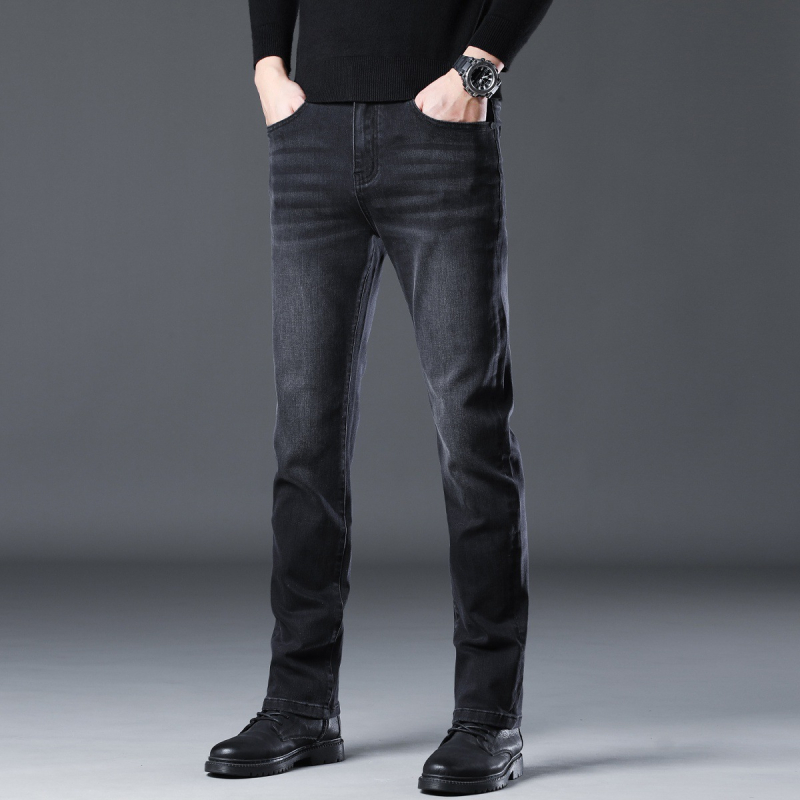 Дънки за мъже Straight Slim, деним памук, средна талия, удебелени