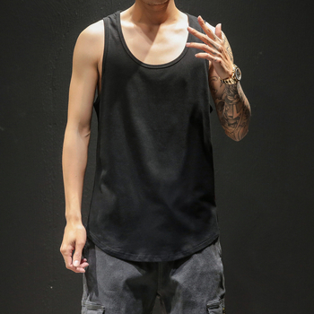 Vīriešu bez piedurknēm top ar Hong Kong stila sporta dizainu, vaļīgs griezums, lina audums, apaļš kakla izgriezums, izmazgāts un nolietots, vasaras sezonai