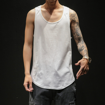 Vīriešu bez piedurknēm top ar Hong Kong stila sporta dizainu, vaļīgs griezums, lina audums, apaļš kakla izgriezums, izmazgāts un nolietots, vasaras sezonai