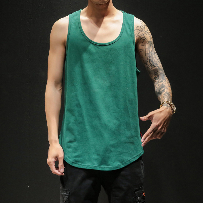 Vīriešu bez piedurknēm top ar Hong Kong stila sporta dizainu, vaļīgs griezums, lina audums, apaļš kakla izgriezums, izmazgāts un nolietots, vasaras sezonai