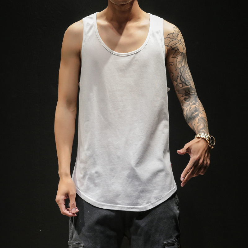 Vīriešu bez piedurknēm top ar Hong Kong stila sporta dizainu, vaļīgs griezums, lina audums, apaļš kakla izgriezums, izmazgāts un nolietots, vasaras sezonai