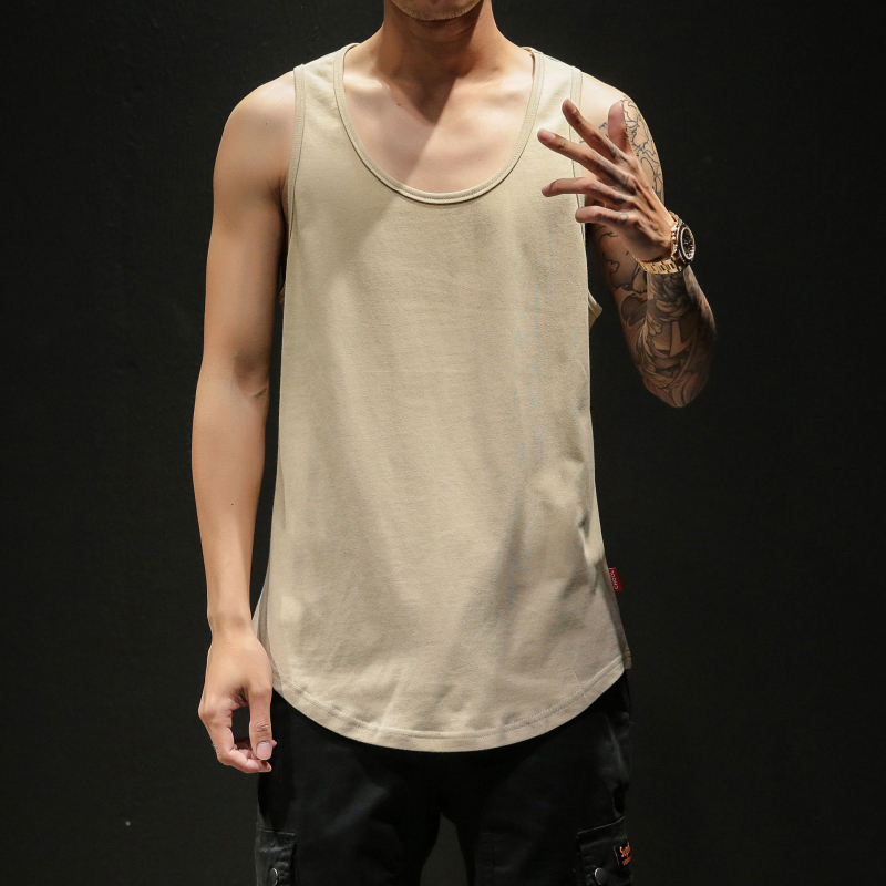Vīriešu bez piedurknēm top ar Hong Kong stila sporta dizainu, vaļīgs griezums, lina audums, apaļš kakla izgriezums, izmazgāts un nolietots, vasaras sezonai