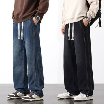 Blugi denim pentru bărbați cu căptușeală de fleece, croială lejeră, drept, talie medie, închidere cu șnur, 85% bumbac