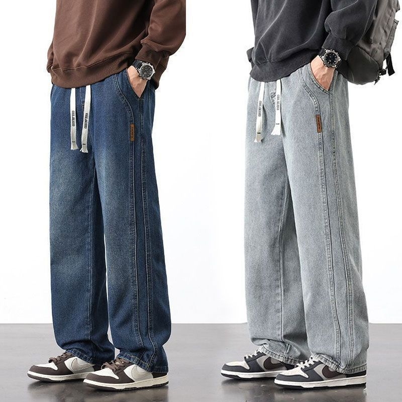 Blugi denim pentru bărbați cu căptușeală de fleece, croială lejeră, drept, talie medie, închidere cu șnur, 85% bumbac