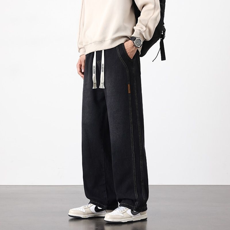 Blugi denim pentru bărbați cu căptușeală de fleece, croială lejeră, drept, talie medie, închidere cu șnur, 85% bumbac