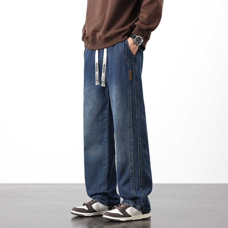 Blugi denim pentru bărbați cu căptușeală de fleece, croială lejeră, drept, talie medie, închidere cu șnur, 85% bumbac