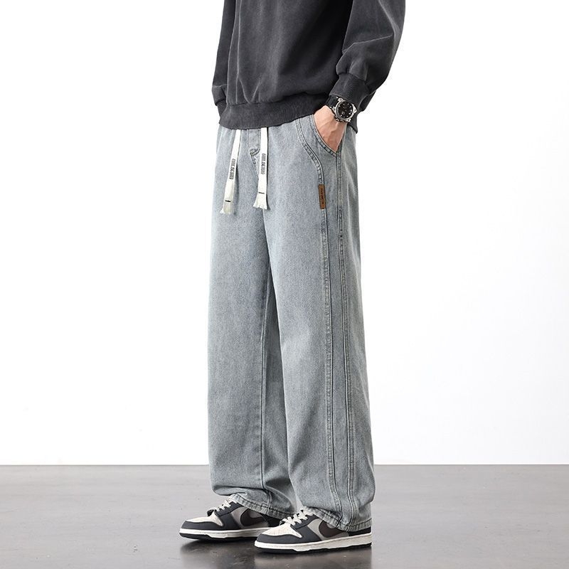 Blugi denim pentru bărbați cu căptușeală de fleece, croială lejeră, drept, talie medie, închidere cu șnur, 85% bumbac