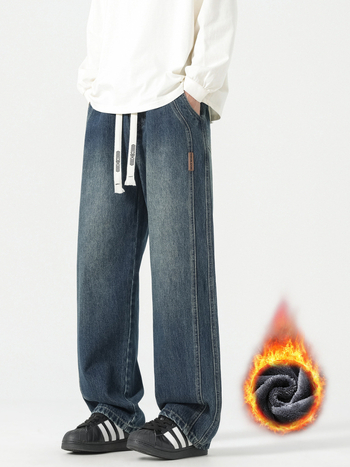 Vyriški džinsai su flisu, vidutinio juosmens, tiesus kirpimas, žiema 2025