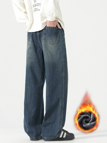 Vyriški džinsai su flisu, vidutinio juosmens, tiesus kirpimas, žiema 2025