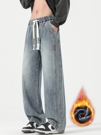 Vyriški džinsai su flisu, vidutinio juosmens, tiesus kirpimas, žiema 2025