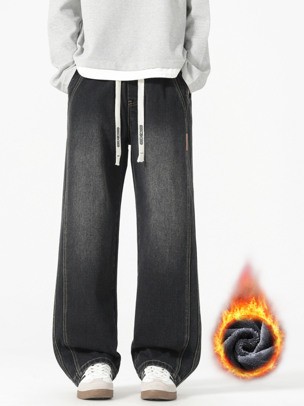 Vyriški džinsai su flisu, vidutinio juosmens, tiesus kirpimas, žiema 2025