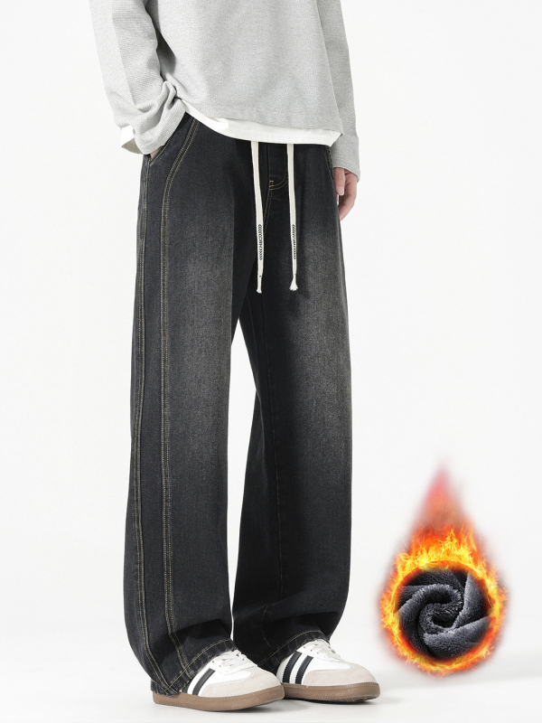 Vyriški džinsai su flisu, vidutinio juosmens, tiesus kirpimas, žiema 2025