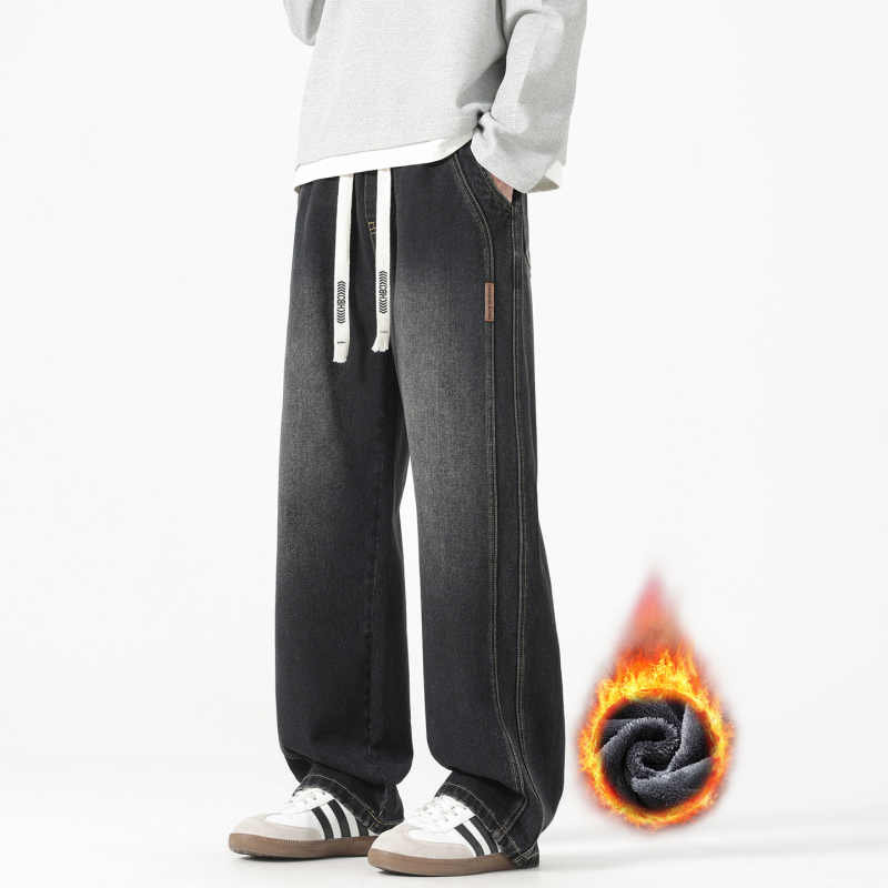 Vyriški džinsai su flisu, vidutinio juosmens, tiesus kirpimas, žiema 2025