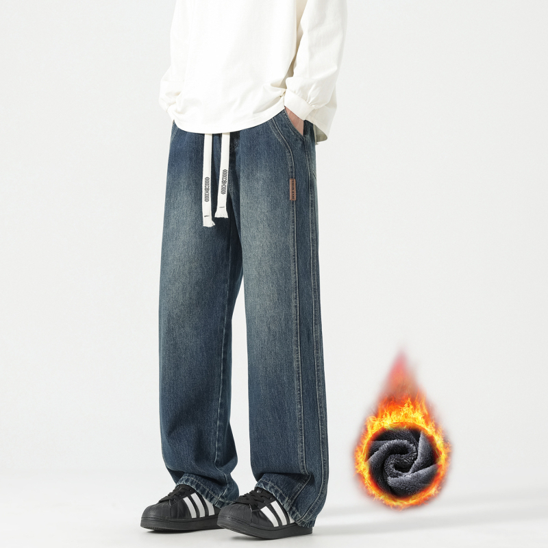 Vyriški džinsai su flisu, vidutinio juosmens, tiesus kirpimas, žiema 2025