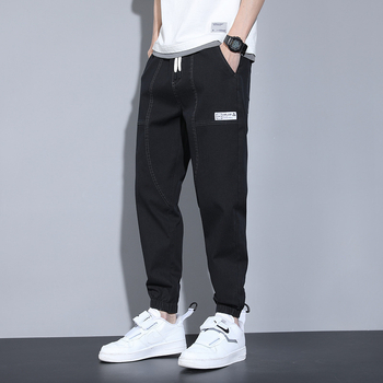 Jeans bărbați stil coreean, croială lejeră, talie medie, închidere cu șnur, denim din bumbac, detaliu etichetă