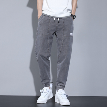 Jeans bărbați stil coreean, croială lejeră, talie medie, închidere cu șnur, denim din bumbac, detaliu etichetă