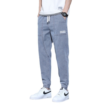 Jeans bărbați stil coreean, croială lejeră, talie medie, închidere cu șnur, denim din bumbac, detaliu etichetă