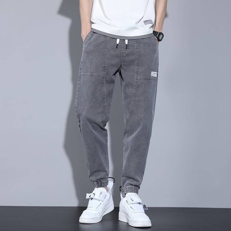 Jeans bărbați stil coreean, croială lejeră, talie medie, închidere cu șnur, denim din bumbac, detaliu etichetă