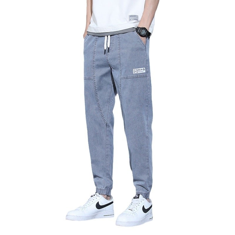 Jeans bărbați stil coreean, croială lejeră, talie medie, închidere cu șnur, denim din bumbac, detaliu etichetă