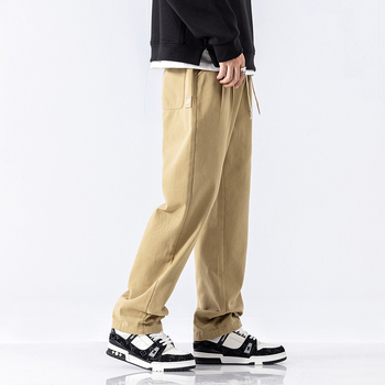 Férfiaknak szabadidős munkásnadrág koreai stílusban, lazán szabott, pamut, zsinóros zárás