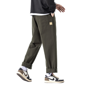 Férfiaknak szabadidős munkásnadrág koreai stílusban, lazán szabott, pamut, zsinóros zárás