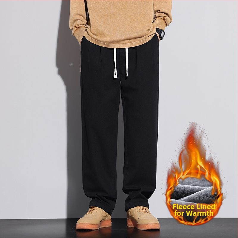 Férfiaknak szabadidős munkásnadrág koreai stílusban, lazán szabott, pamut, zsinóros zárás