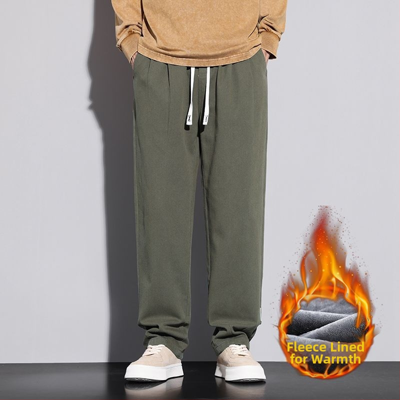 Férfiaknak szabadidős munkásnadrág koreai stílusban, lazán szabott, pamut, zsinóros zárás