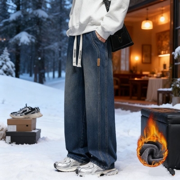 Jeansi bărbătești cu căptușeală fleece, groși, talie medie, croială dreaptă, căptuire de catifea pentru iarnă