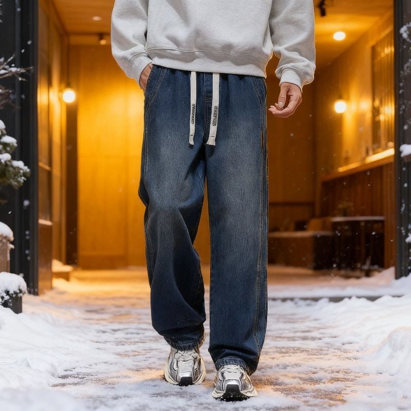 Jeansi bărbătești cu căptușeală fleece, groși, talie medie, croială dreaptă, căptuire de catifea pentru iarnă