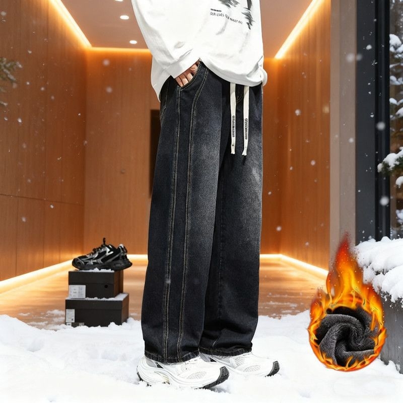 Jeansi bărbătești cu căptușeală fleece, groși, talie medie, croială dreaptă, căptuire de catifea pentru iarnă