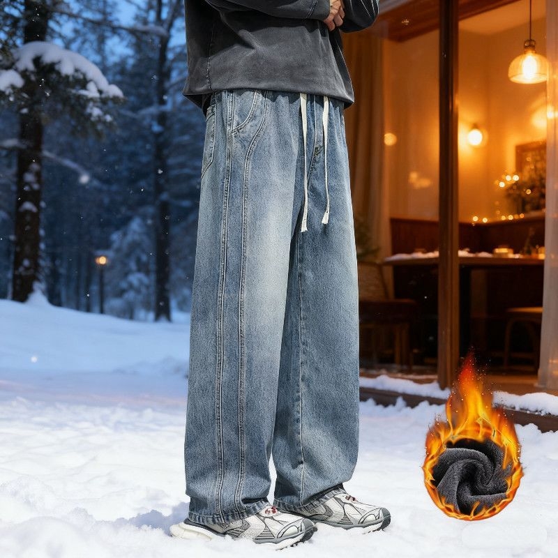 Jeansi bărbătești cu căptușeală fleece, groși, talie medie, croială dreaptă, căptuire de catifea pentru iarnă