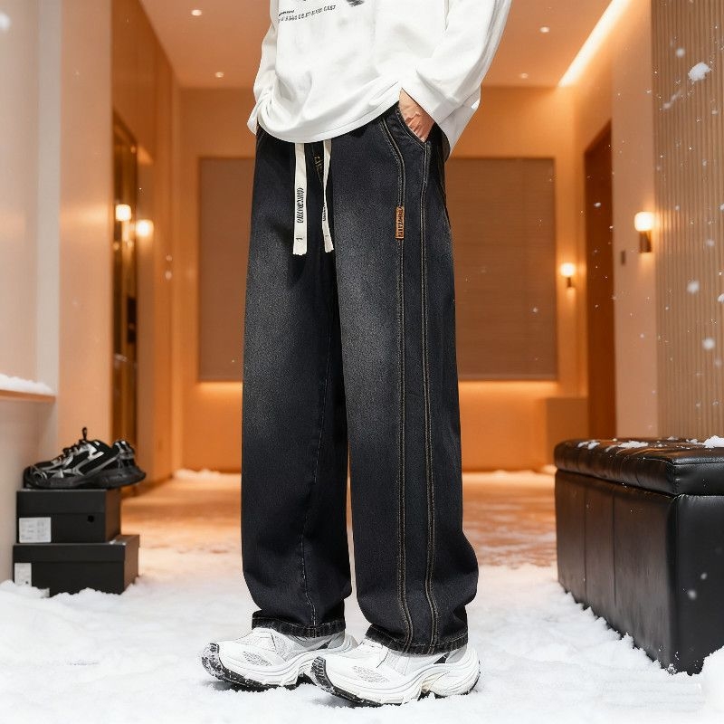 Jeansi bărbătești cu căptușeală fleece, groși, talie medie, croială dreaptă, căptuire de catifea pentru iarnă